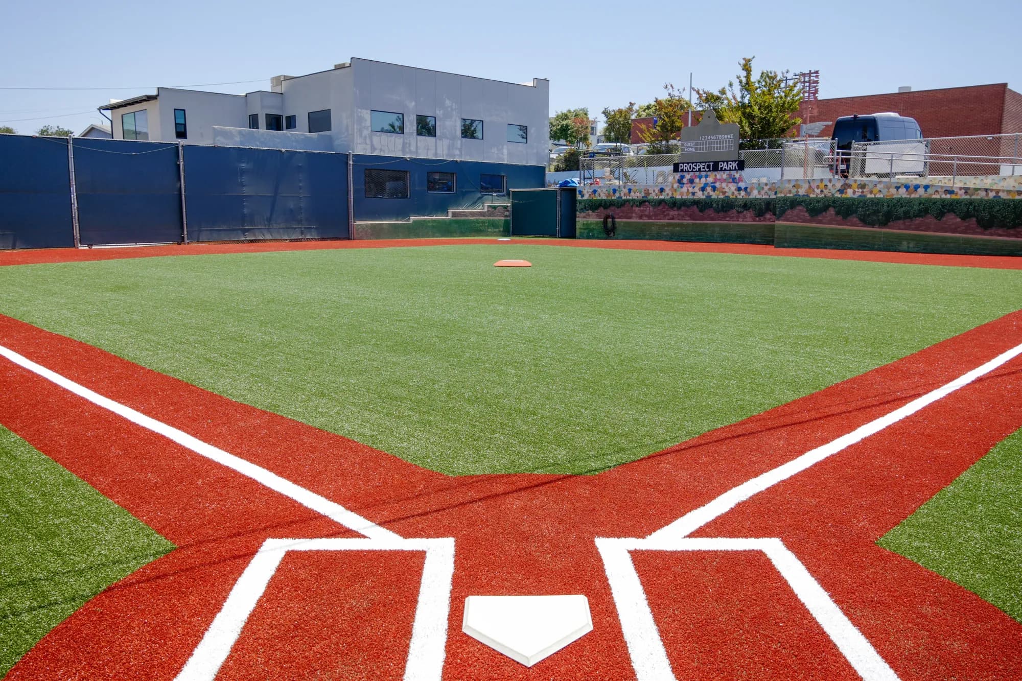 Prospect Park, the fully turfed infield across the street from Beach City Baseball Academy, seen from home plate